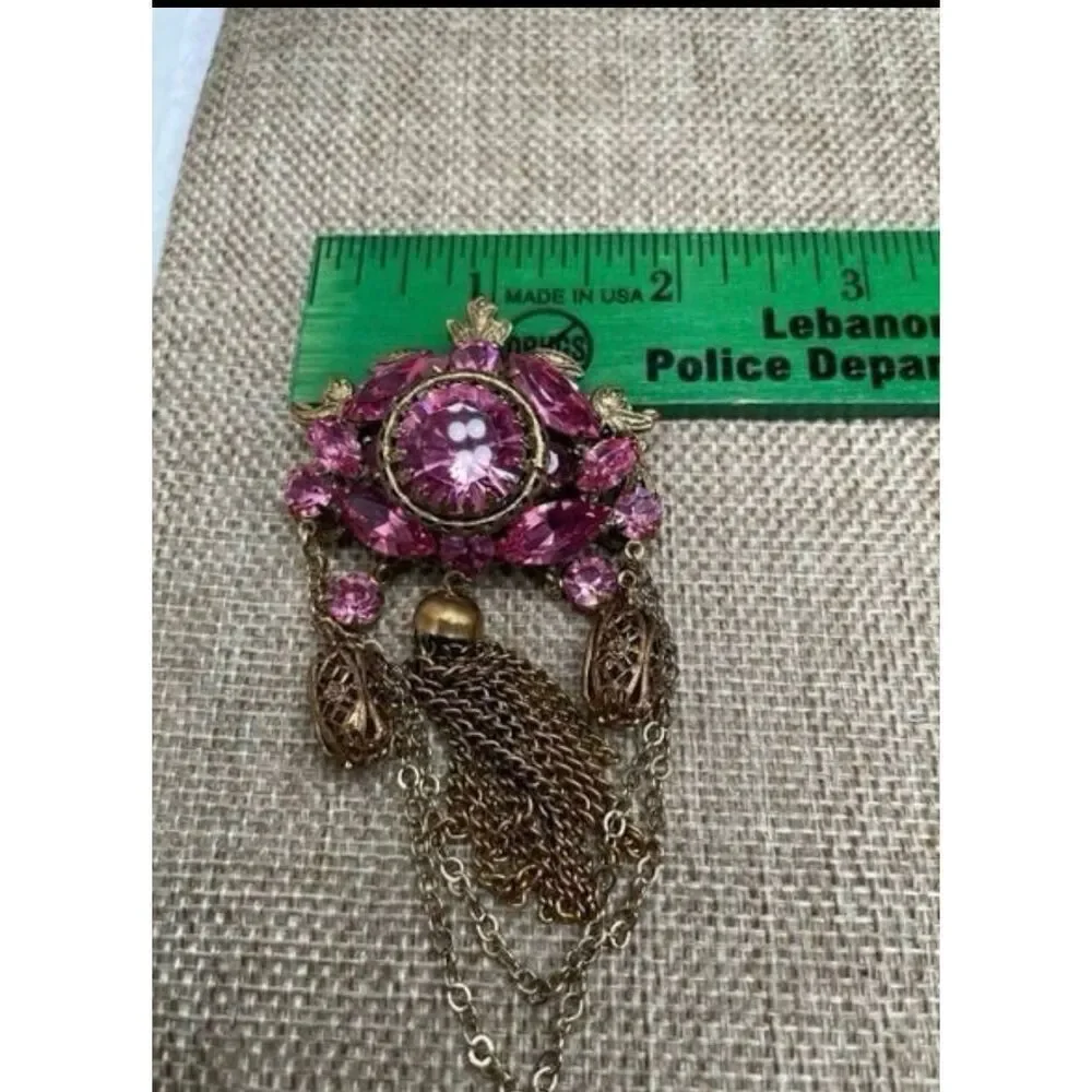 Vintage Pink Rhinestone Filigree Tassel Brooch Victorian Revival Style